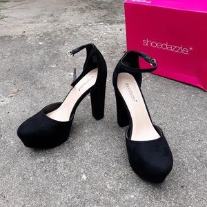 Black suede ankle strap platform heels